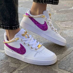 Nike Court Vision Custom Swoosh Glitter Fucsia, Catene e Fiocco Oro
