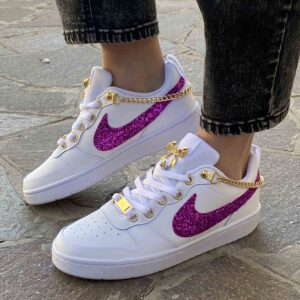 Nike Court Vision Custom Swoosh Glitter Fucsia, Catene e Fiocco Oro