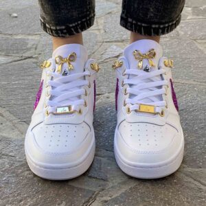 Nike Court Vision Custom Swoosh Glitter Fucsia, Catene e Fiocco Oro