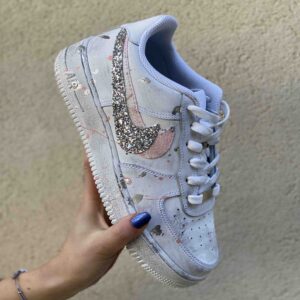Nike Air Force One Custom Doppio Swoosh Glitter e Sporcatura Rosa e Argento