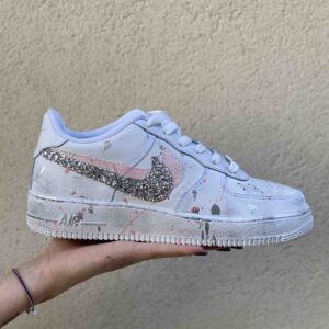 Nike Air Force One Custom Doppio Swoosh Glitter e Sporcatura Rosa e Argento