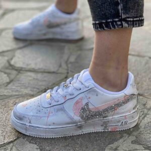 Nike Air Force One Custom Doppio Swoosh Glitter e Sporcatura Rosa e Argento