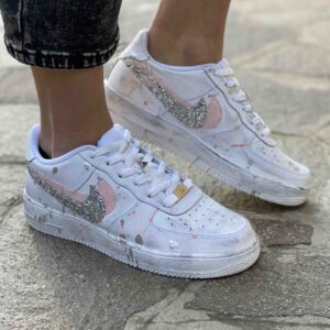Nike Air Force One Custom Doppio Swoosh Glitter e Sporcatura Rosa e Argento