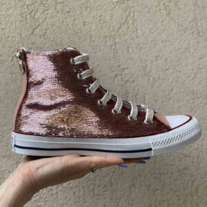 Converse All Star Personalizzate Paillettes Rosa con Fiocco Argento