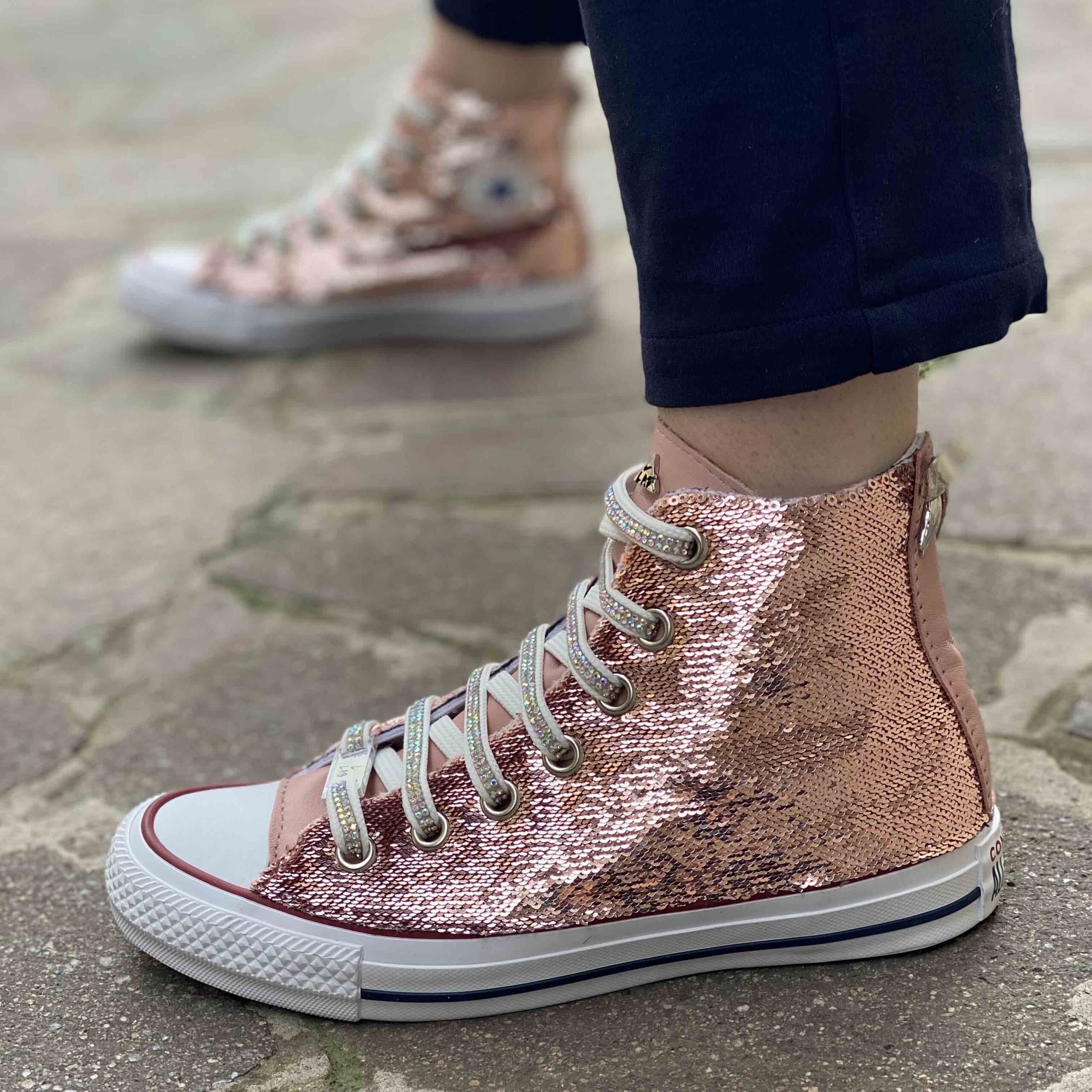 Converse All Star Personalizzate Paillettes Rosa con Fiocco Argento