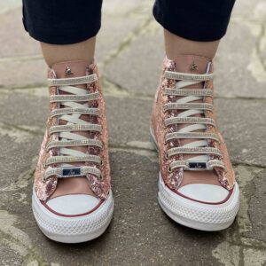 Converse All Star Personalizzate Paillettes Rosa con Fiocco Argento