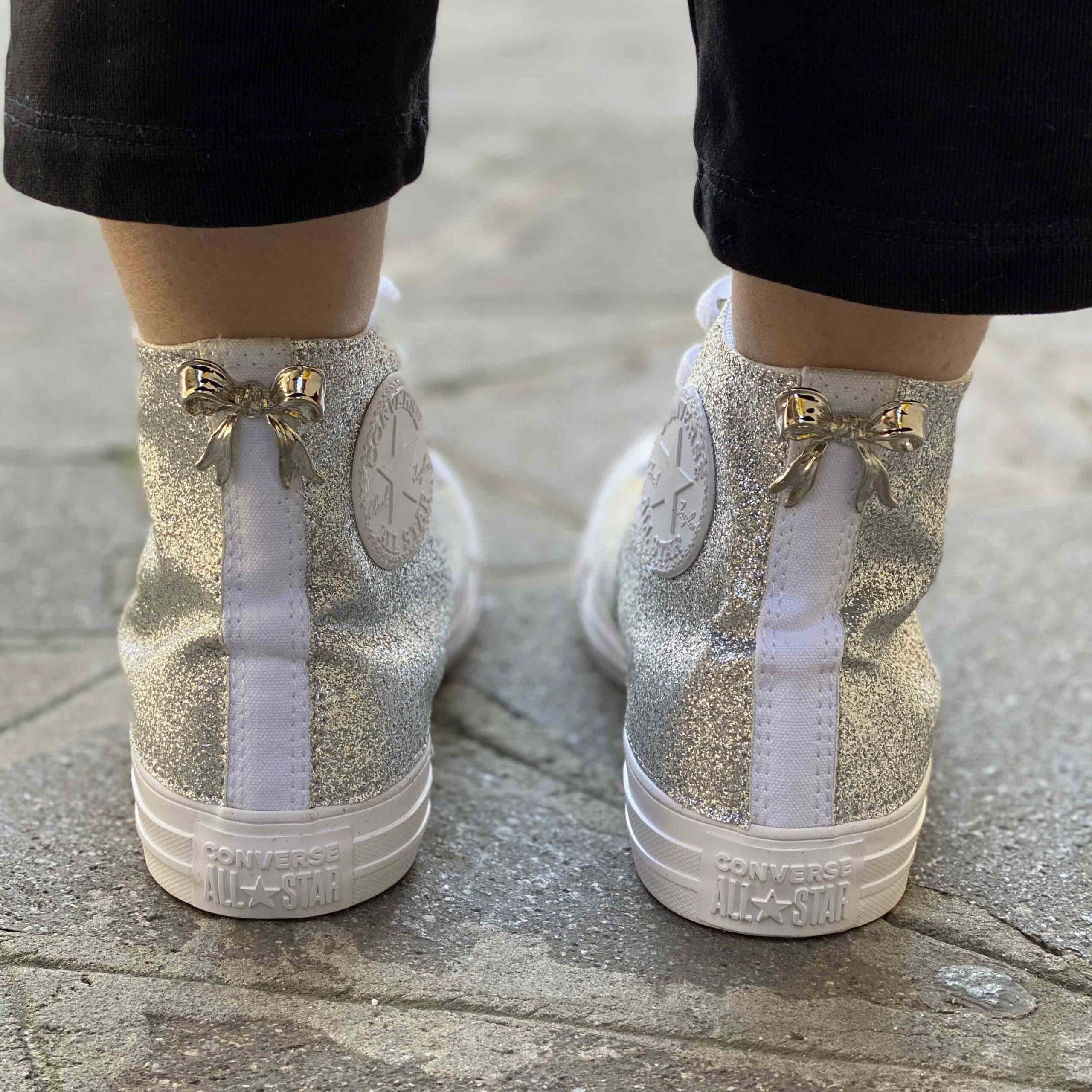 Converse All Star Personalizzate Total Glitter Argento con Fiocco