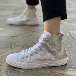 Converse All Star Personalizzate Total Glitter Argento con Fiocco