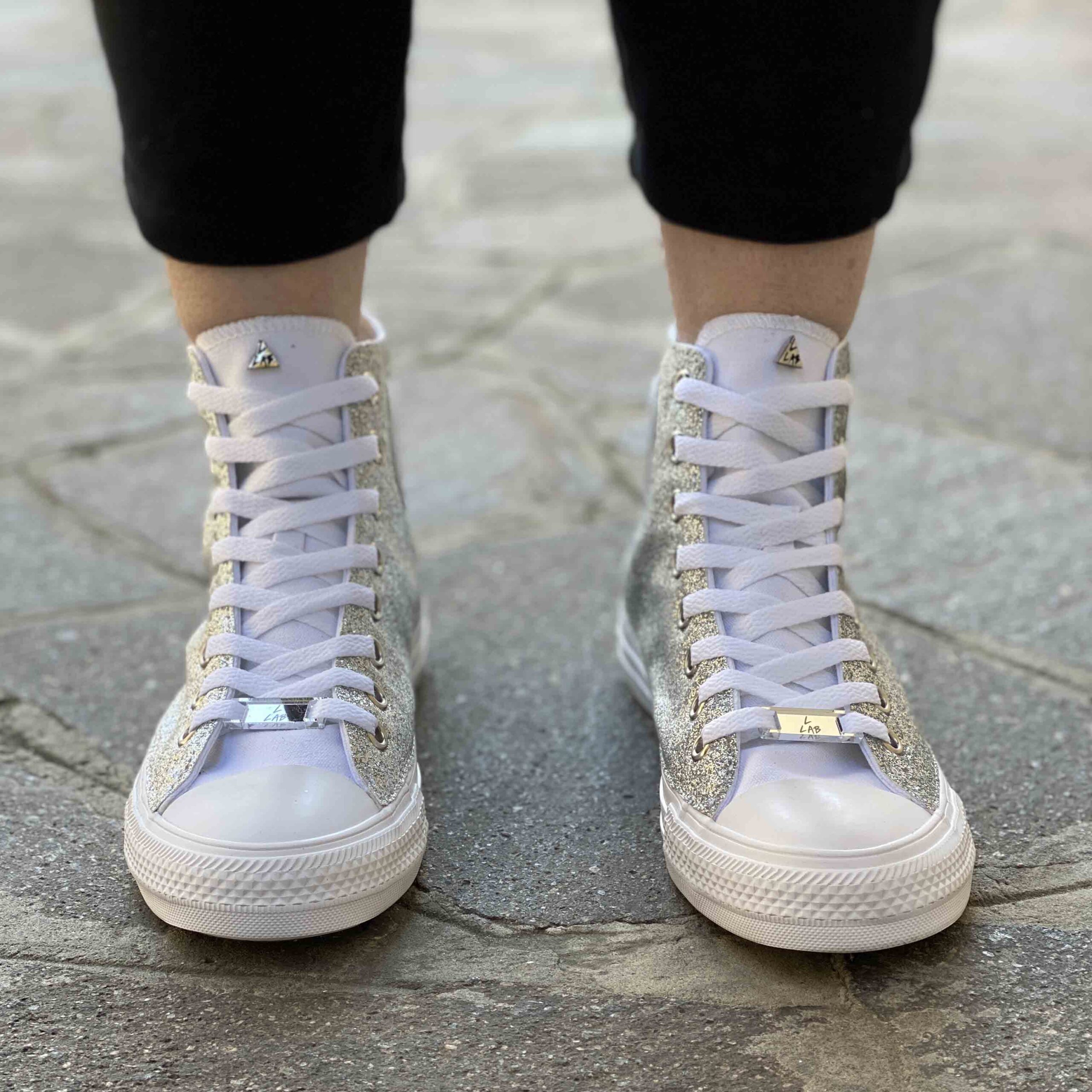 Converse All Star Personalizzate Total Glitter Argento con Fiocco