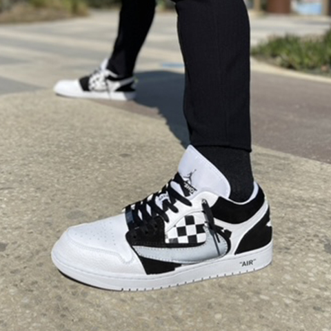 Nike Jordan 1 Custom Low Dipinta a Mano Scacchi, Doppio Swoosh Rovesciato e Lacci Neri