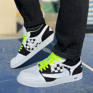 Nike Jordan 1 Custom Low Dipinta a Mano Scacchi, Doppio Swoosh Rovesciato e Lacci Giallo Fluo