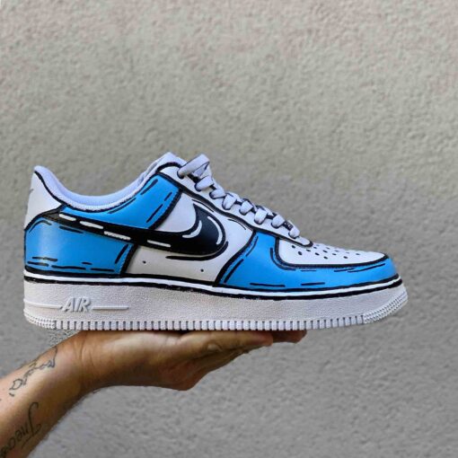 Nike Air Force One Custom Cartoon Dipinte A Mano Azzurro e Nero
