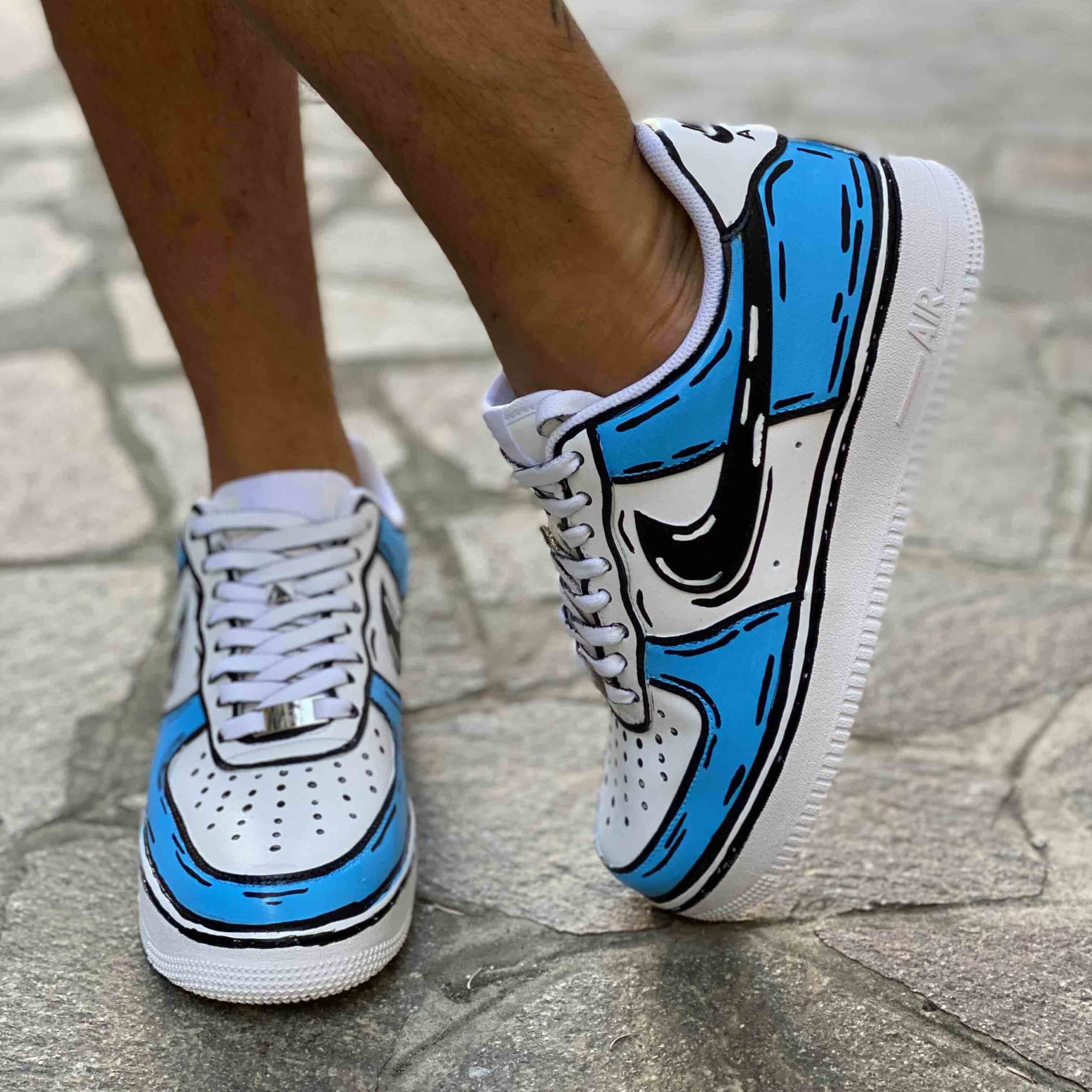Nike Air Force One Custom Cartoon Dipinte A Mano Azzurro e Nero