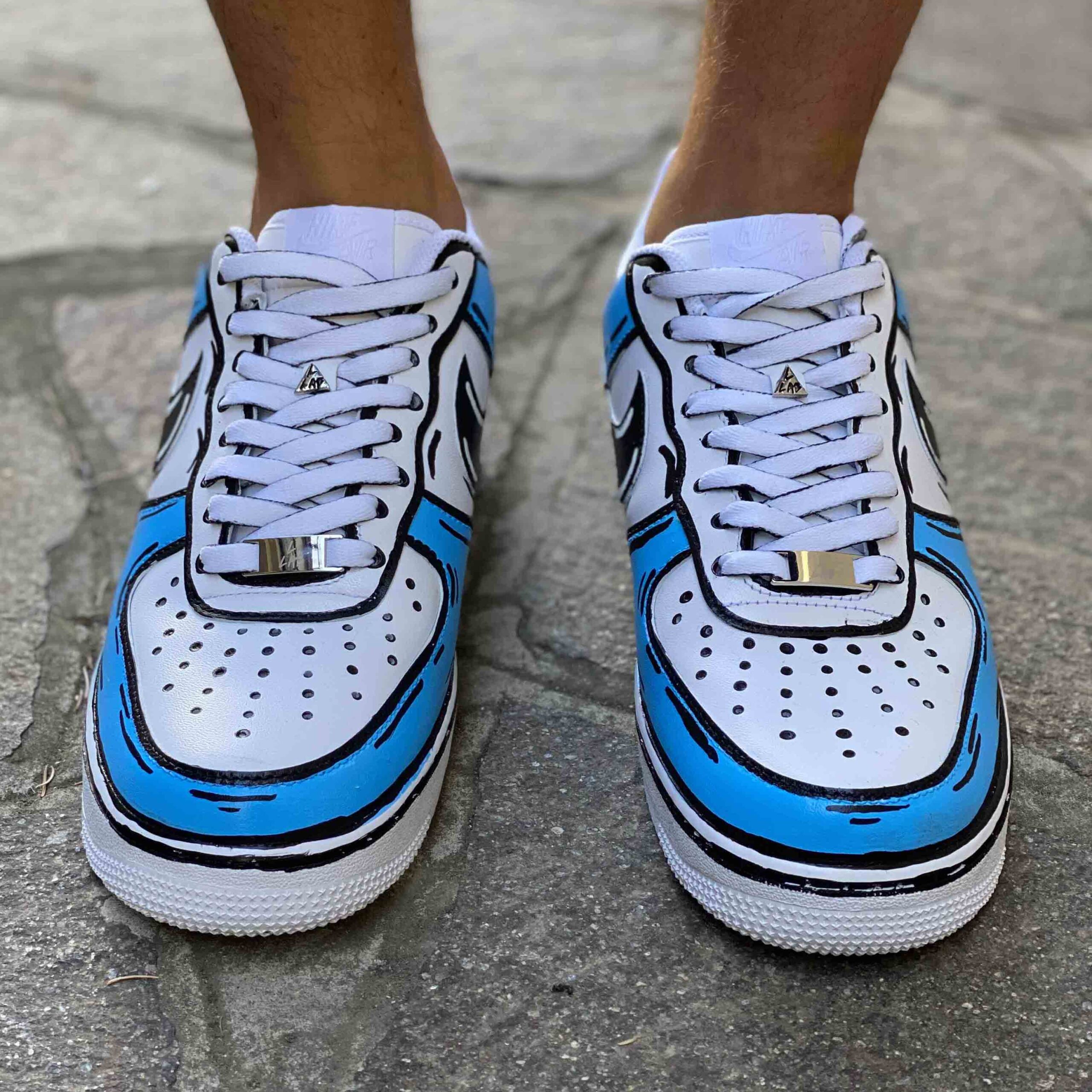 Nike Air Force One Custom Cartoon Dipinte A Mano Azzurro e Nero