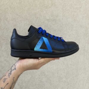 Adidas Stan Smith Personalizzate Total Black Dipinte A Mano Logo Triangolo Sfumato Blu