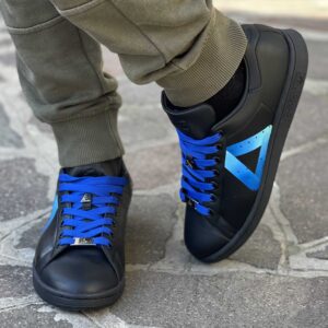 Adidas Stan Smith Personalizzate Total Black Dipinte A Mano Logo Triangolo Sfumato Blu