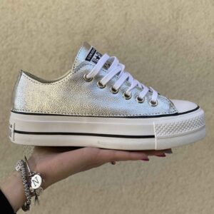 Converse All Star Personalizzate Platform LOW Total Argento e Lacci Bianchi