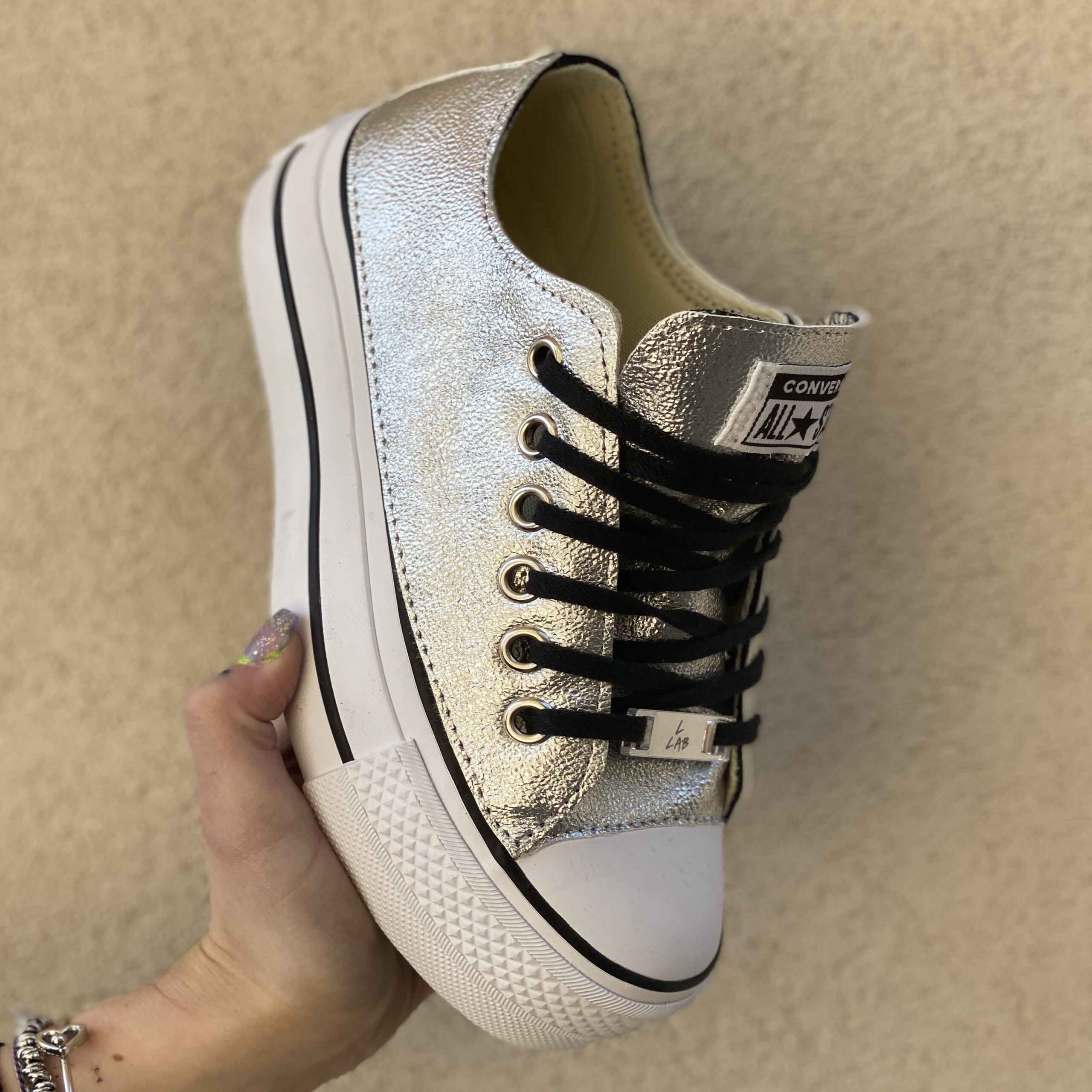 Converse All Star Personalizzate Platform LOW Total Argento e Lacci Neri
