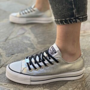 Converse All Star Personalizzate Platform LOW Total Argento e Lacci Neri