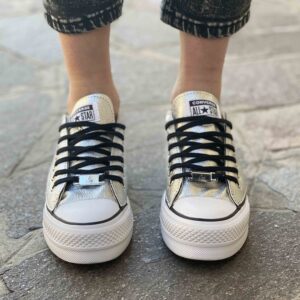 Converse All Star Personalizzate Platform LOW Total Argento e Lacci Neri