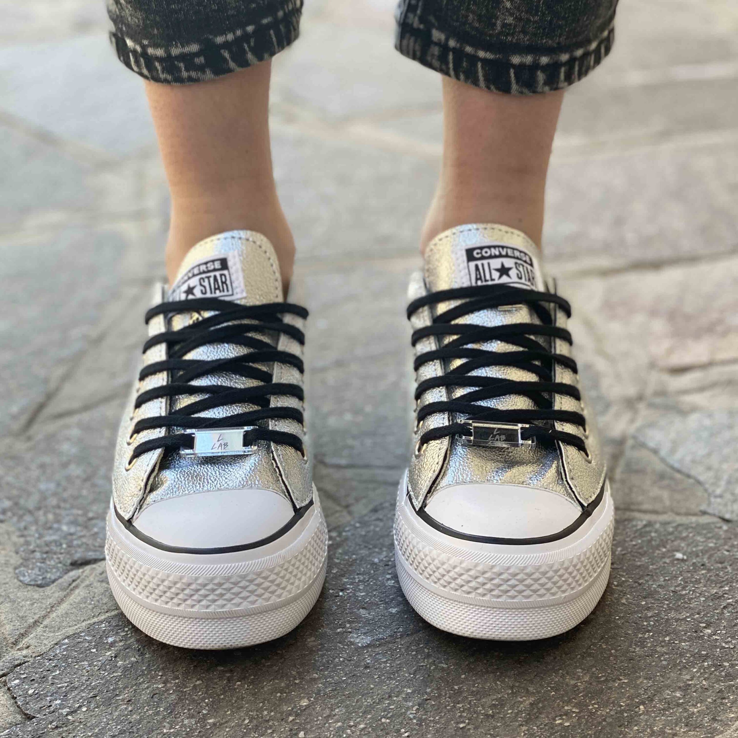 Converse All Star Personalizzate Platform LOW Total Argento e Lacci Neri