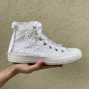 Converse All Star Personalizzate Sposa Macramè, Laccetti e Fiocco Raso Bianco