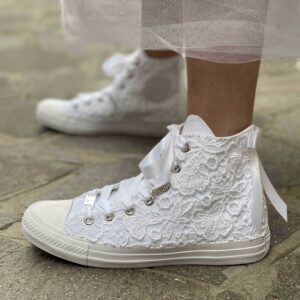 Converse All Star Personalizzate Sposa Macramè, Laccetti e Fiocco Raso Bianco
