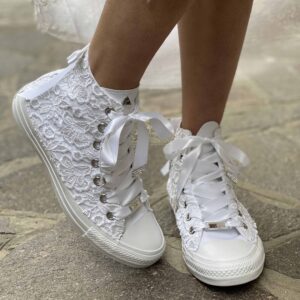 Converse All Star Personalizzate Sposa Macramè, Laccetti e Fiocco Raso Bianco