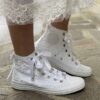 Converse All Star Personalizzate Sposa Macramè, Laccetti e Fiocco Raso Bianco
