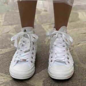 Converse All Star Personalizzate Sposa Macramè, Laccetti e Fiocco Raso Bianco