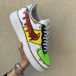 Nike Air Force One Custom Cartoon Dipinte A Mano Verde e Giallo, Swoosh Gocce Cadenti Rosso