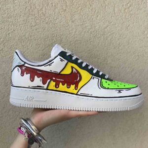 Nike Air Force One Custom Cartoon Dipinte A Mano Verde e Giallo, Swoosh Gocce Cadenti Rosso