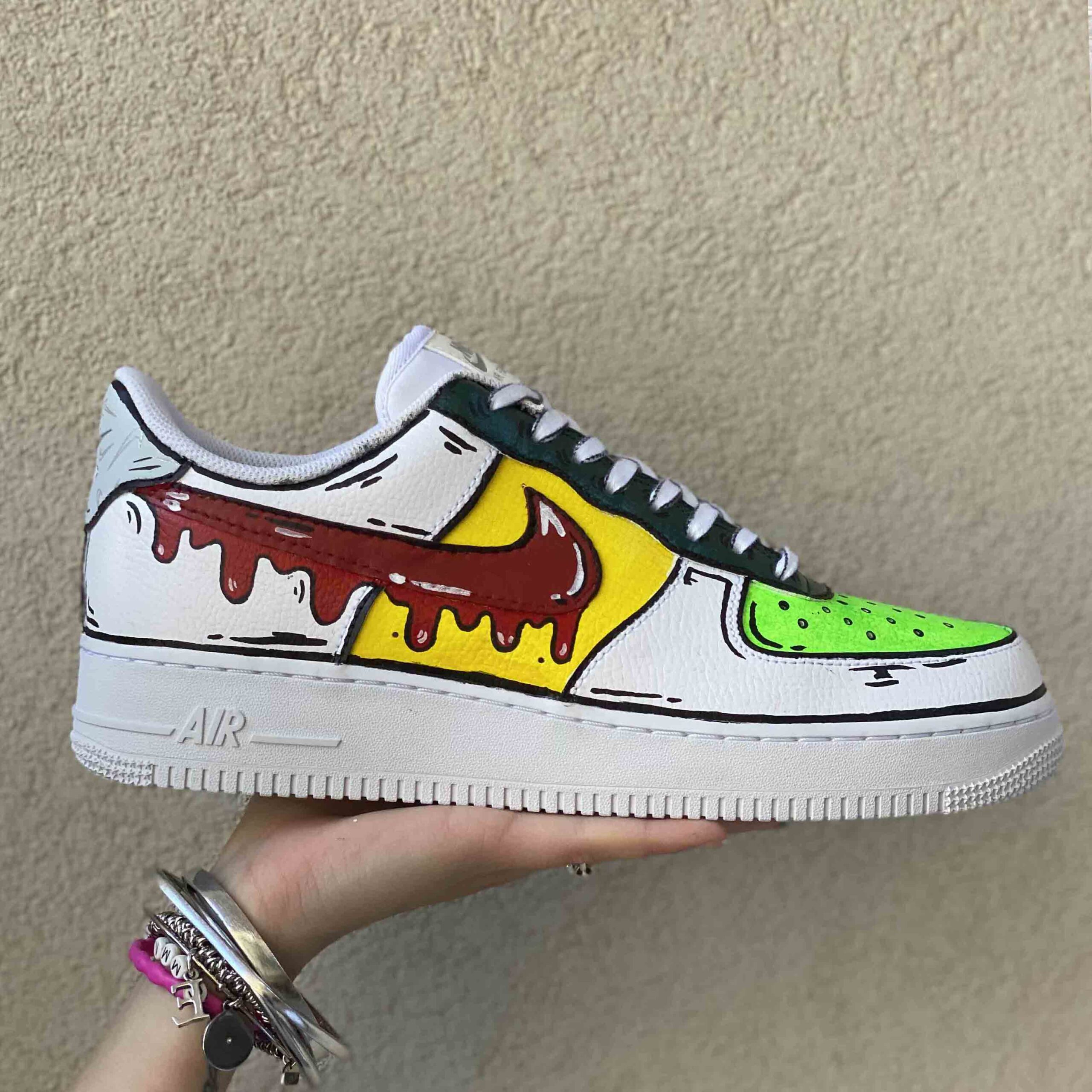 Nike Air Force One Custom Cartoon Dipinte A Mano Verde e Giallo, Swoosh Gocce Cadenti Rosso