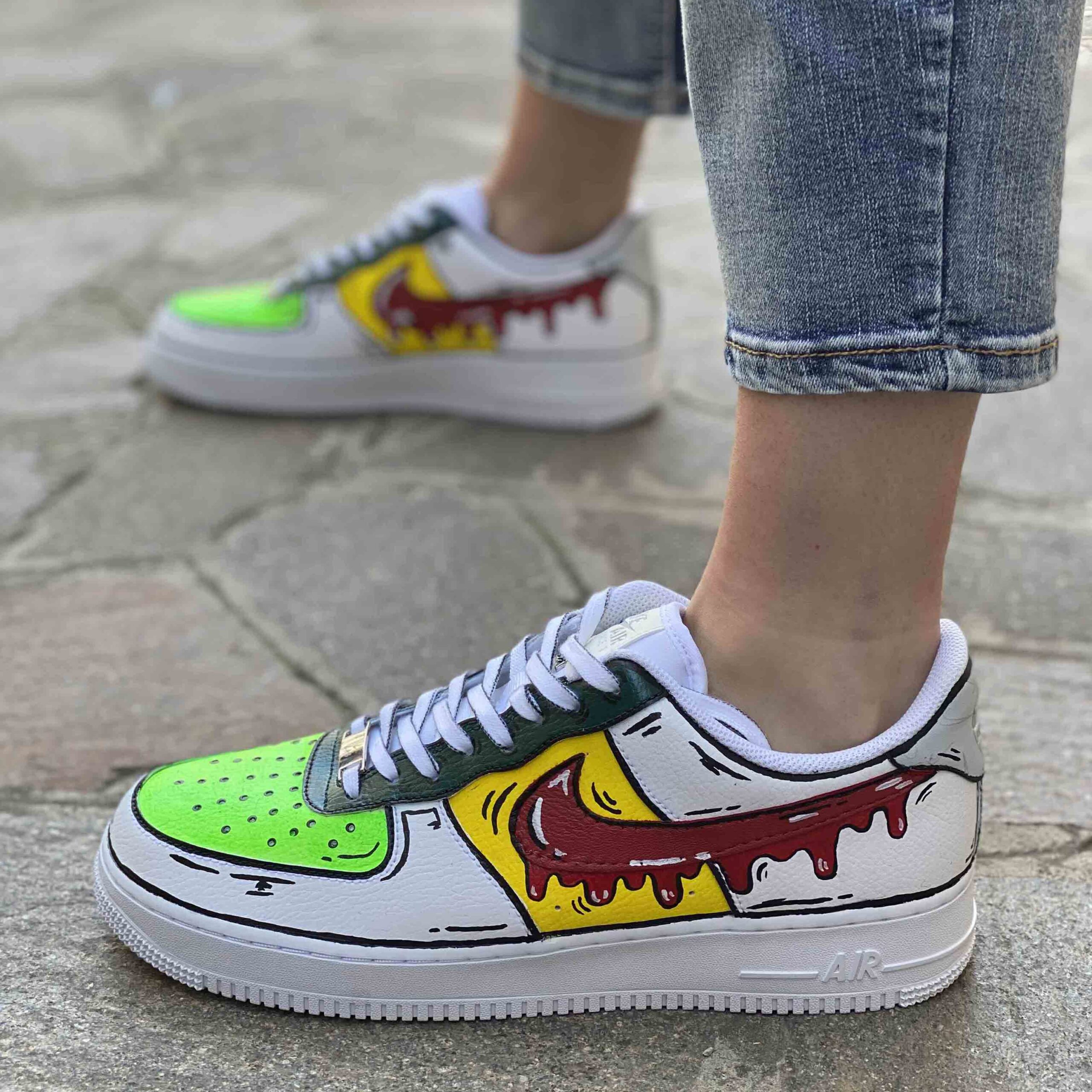 Nike Air Force One Custom Cartoon Dipinte A Mano Verde e Giallo, Swoosh Gocce Cadenti Rosso
