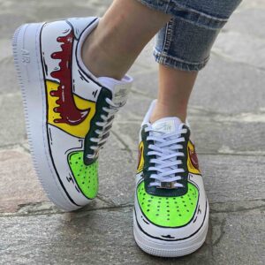 Nike Air Force One Custom Cartoon Dipinte A Mano Verde e Giallo, Swoosh Gocce Cadenti Rosso