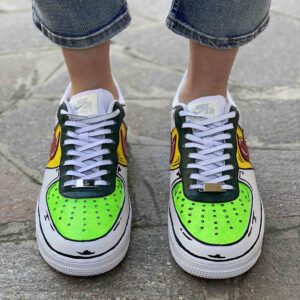 Nike Air Force One Custom Cartoon Dipinte A Mano Verde e Giallo, Swoosh Gocce Cadenti Rosso