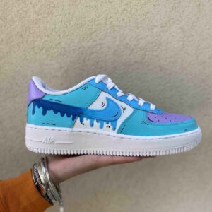 Nike Air Force One Custom Cartoon Dipinte A Mano Azzurro e Lilla, Swoosh Gocce Cadenti