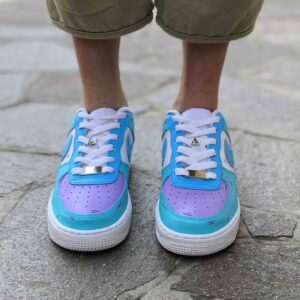 Nike Air Force One Custom Cartoon Dipinte A Mano Azzurro e Lilla, Swoosh Gocce Cadenti