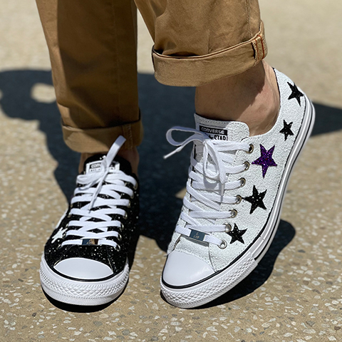 Converse All Star Personalizzate Low Glitter Bianco e Nero e Stelle