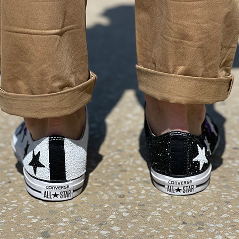Converse All Star Personalizzate Low Glitter Bianco e Nero e Stelle
