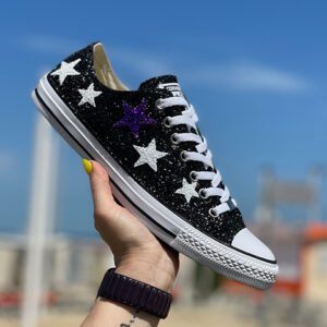 Converse All Star Personalizzate Low Glitter Bianco e Nero e Stelle
