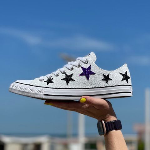 Converse All Star Personalizzate Low Glitter Bianco e Nero e Stelle