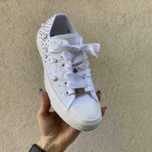 Converse All Star Personalizzate Sposa Low Borchie, Strass e Lacci Raso