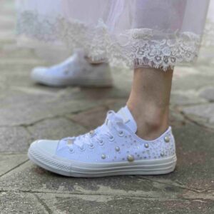 Converse All Star Personalizzate Sposa Low Borchie, Strass e Lacci Raso