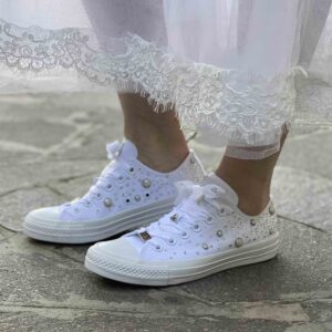 Converse All Star Personalizzate Sposa Low Borchie, Strass e Lacci Raso