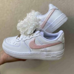 Nike Air Force One Custom Kids Swoosh Glitter Rosa e Pon Pon Raso