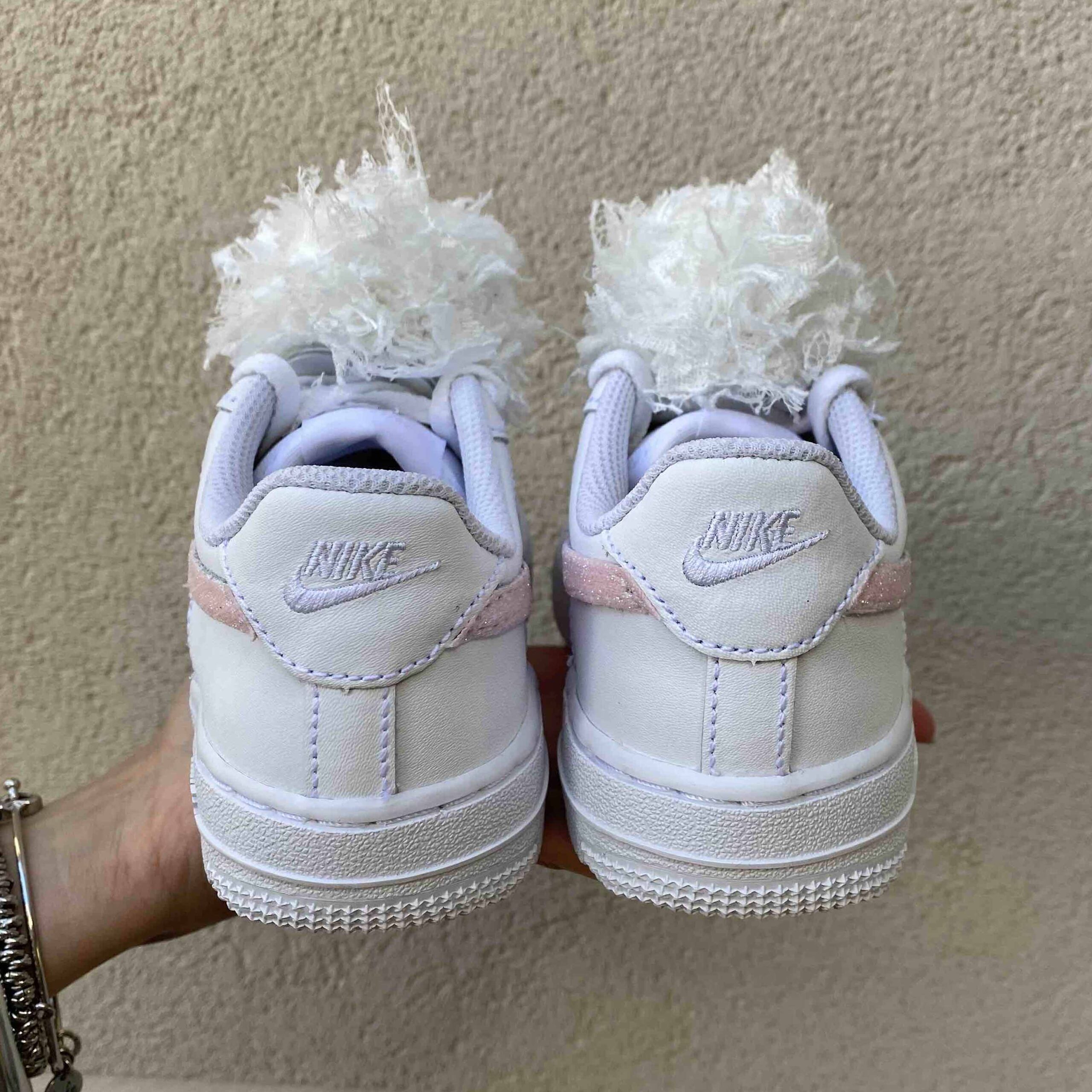 Nike Air Force One Custom Kids Swoosh Glitter Rosa e Pon Pon Raso