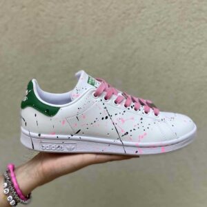 Adidas Stan Smith Personalizzate Dipinte a Mano Sporcatura e Lacci Rosa