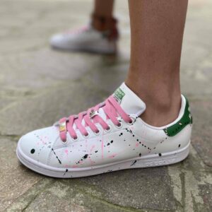 Adidas Stan Smith Personalizzate Dipinte a Mano Sporcatura e Lacci Rosa