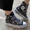 Converse All Star Personalizzate Platform Nere con Borchie, Perle, Strass e Sporcatura Vintage